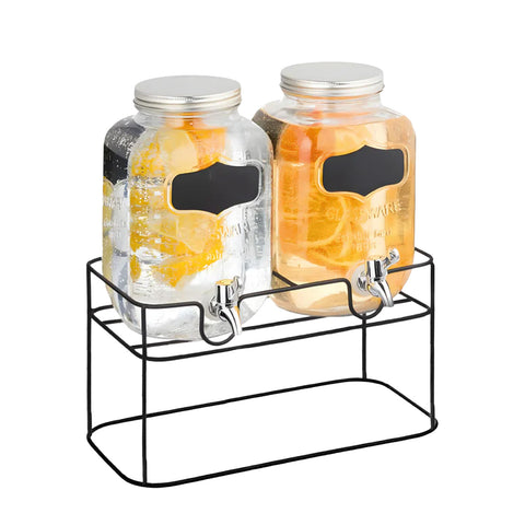 Set 2 Dispenser Bevande Vetro 4L  con Rubinetto e Supporto in Metallo