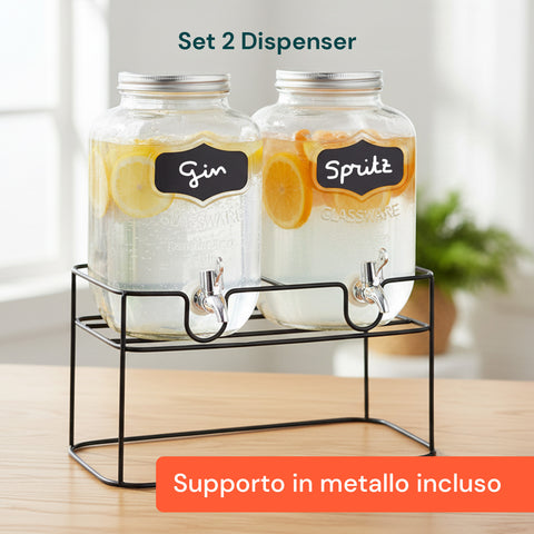 Set 2 Dispenser Bevande Vetro 4L  con Rubinetto e Supporto in Metallo