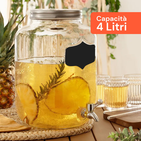 Set 2 Dispenser Bevande Vetro 4L  con Rubinetto e Supporto in Metallo