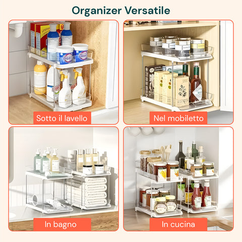 Set da 2 Organizer Multiuso con 2 Ripiani Impilabili per Cucina, Bagno, Living