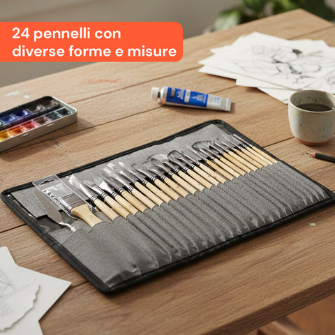 Set 24 Pennelli Professionali in Nylon con Manico in Legno di Betulla