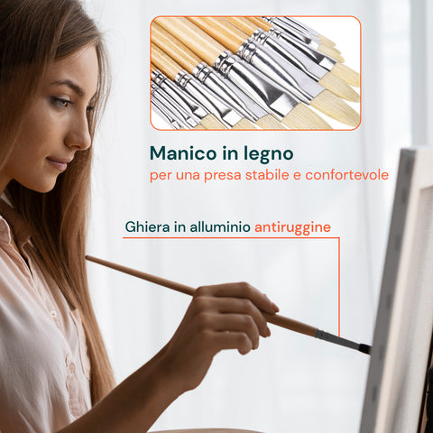Set 24 Pennelli Professionali in Nylon con Manico in Legno di Betulla