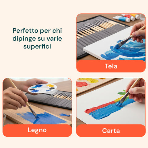 Set 24 Pennelli Professionali in Nylon con Manico in Legno di Betulla