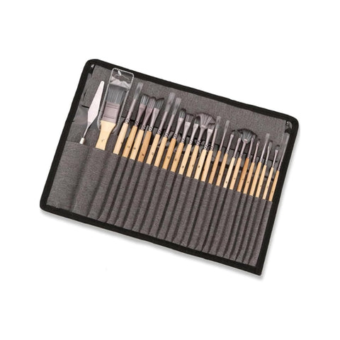 Set 24 Pennelli Professionali in Nylon con Manico in Legno di Betulla
