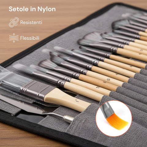 Set 24 Pennelli Professionali in Nylon con Manico in Legno di Betulla