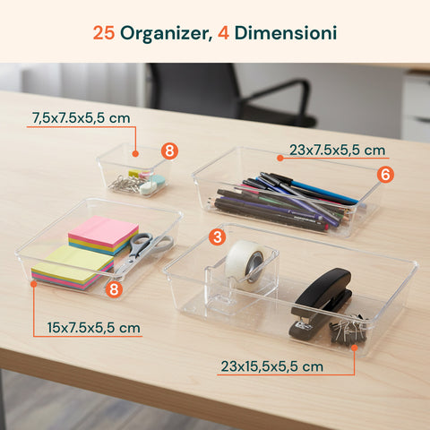 Set Organizer da Cassetti Multiuso 25 Pezzi – Trasparenti e Facili da Pulire