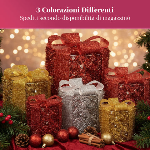 Set 3 Pacchetti Regalo Decorativi – Forme Rotonde o Quadrate con Nastro Colorato e Luci LED
