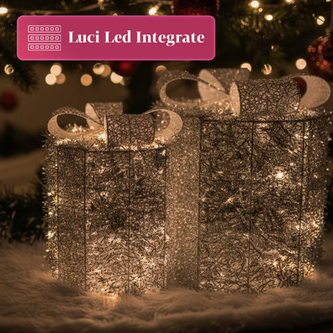 Set 3 Pacchetti Regalo Decorativi – Forme Rotonde o Quadrate con Nastro Colorato e Luci LED