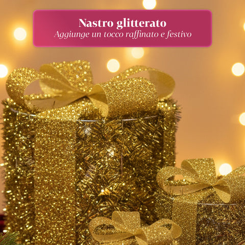 Set 3 Pacchetti Regalo Decorativi – Forme Rotonde o Quadrate con Nastro Colorato e Luci LED