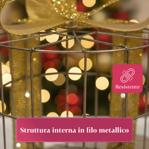 Set 3 Pacchetti Regalo Decorativi – Forme Rotonde o Quadrate con Nastro Colorato e Luci LED