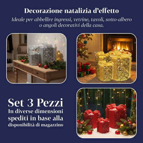 Set 3 Pacchetti Regalo Decorativi – Forme Rotonde o Quadrate con Nastro Colorato e Luci LED