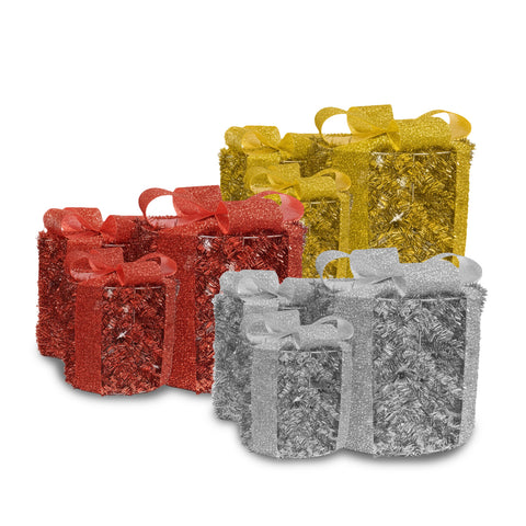 Set 3 Pacchetti Regalo Decorativi – Forme Rotonde o Quadrate con Nastro Colorato e Luci LED