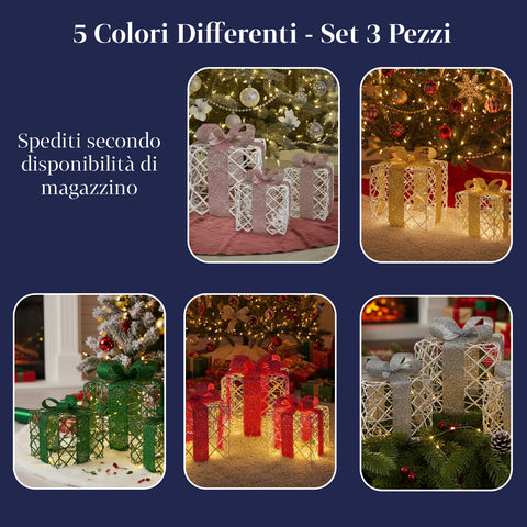 Set 3 Pacchetti Regalo Decorativi – Forme Rotonde o Quadrate con Nastro Colorato e Luci LED