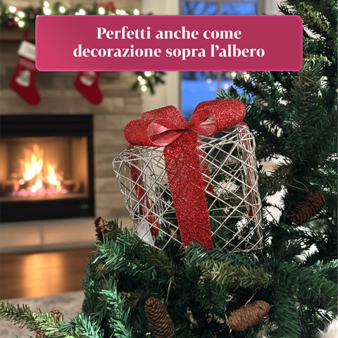 Set 3 Pacchetti Regalo Decorativi – Forme Rotonde o Quadrate con Nastro Colorato e Luci LED