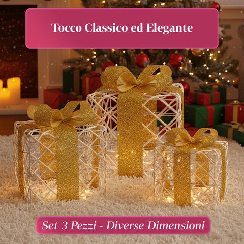 Set 3 Pacchetti Regalo Decorativi – Forme Rotonde o Quadrate con Nastro Colorato e Luci LED