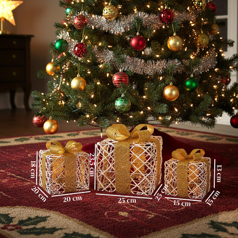 Set 3 Pacchetti Regalo Decorativi – Forme Rotonde o Quadrate con Nastro Colorato e Luci LED