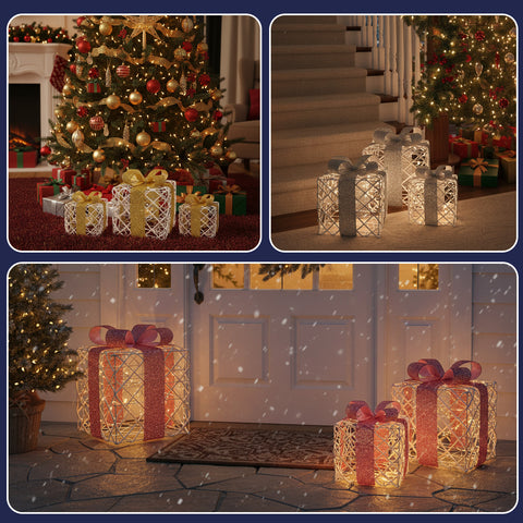 Set 3 Pacchetti Regalo Decorativi – Forme Rotonde o Quadrate con Nastro Colorato e Luci LED