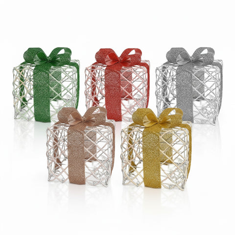 Set 3 Pacchetti Regalo Decorativi – Forme Rotonde o Quadrate con Nastro Colorato e Luci LED