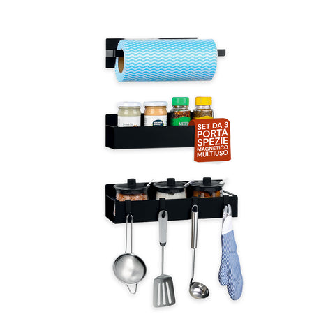 Set 3 Organizer Magnetico Cucina: Porta Spezie, Barattoli e Porta Rotolo Senza Fori