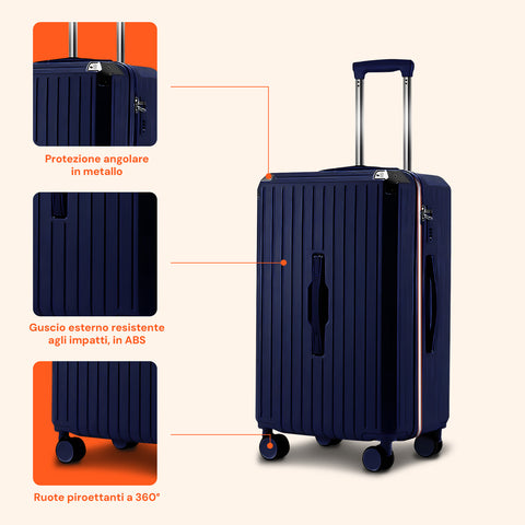 Valigie Trolley Blu 55-66-76 cm in ABS con Doppie Ruote Girevoli