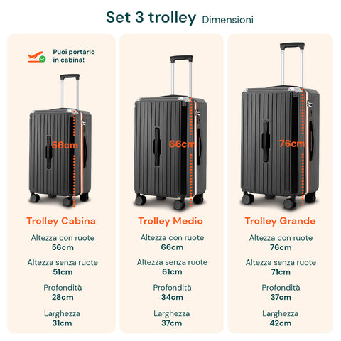 Valigie Trolley Nero 56-66-76 cm in ABS con Doppie Ruote Girevoli