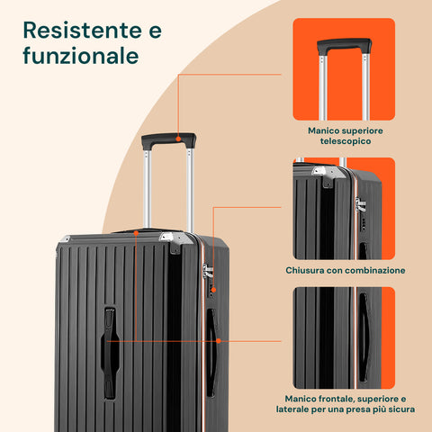 Valigie Trolley Nero 56-66-76 cm in ABS con Doppie Ruote Girevoli