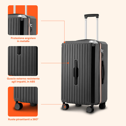 Valigie Trolley Nero 56-66-76 cm in ABS con Doppie Ruote Girevoli