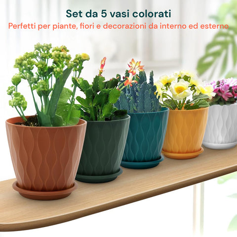 Confezione da 5 Vasi Multicolore in Plastica Ecologica con Drenaggio – Ø 15cm