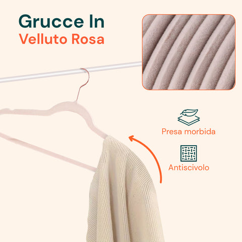 Set 50 Grucce Appendiabiti in Velluto Rosa Antiscivolo con Gancio Girevole