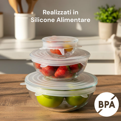 Coperchi Silicone Estensibili – Set 6 Misure da 6 a 19,6 cm Riutilizzabili BPA Free