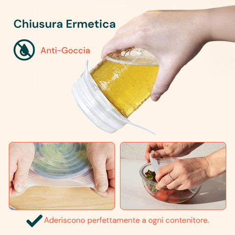 Coperchi Silicone Estensibili – Set 6 Misure da 6 a 19,6 cm Riutilizzabili BPA Free