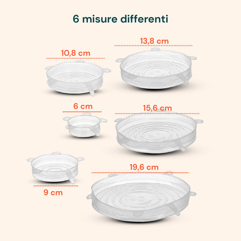 Coperchi Silicone Estensibili – Set 6 Misure da 6 a 19,6 cm Riutilizzabili BPA Free