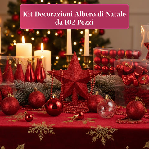 Kit Addobbi di Natale Rosso – 102 Pezzi con Stella e Ornamenti Vari