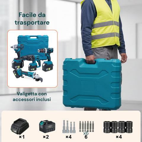 Set Completo per Fai da Te con Avvitatore a Batteria e Trapano a Percussione Multifunzione