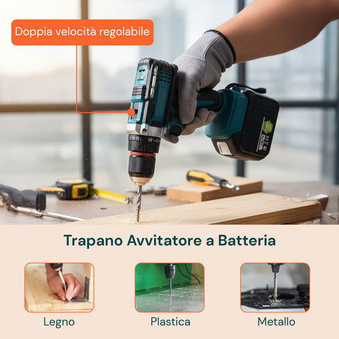 Set Completo per Fai da Te con Avvitatore a Batteria e Trapano a Percussione Multifunzione