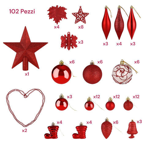 Kit Addobbi di Natale Rosso – 102 Pezzi con Stella e Ornamenti Vari