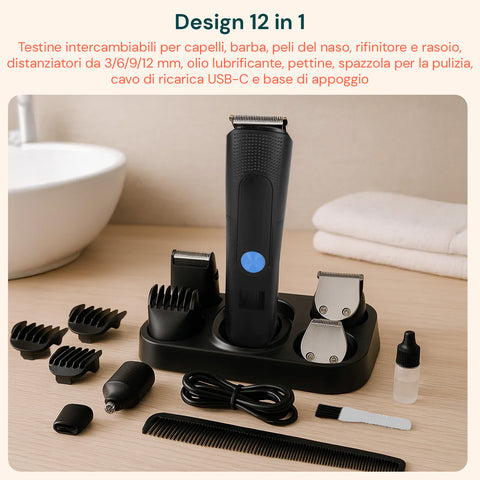 Tagliacapelli e Regolabarba Cordless con Display LED e Accessori 12 in 1