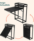 Tavolo pieghevole con design richiudibile salvaspazio, ideale per balcone e terrazza con struttura in acciaio nero