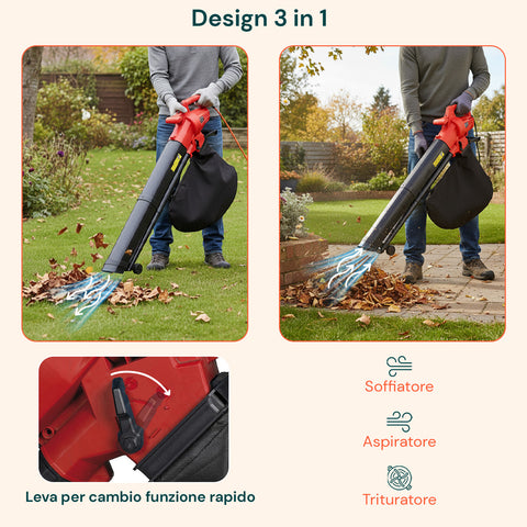 Aspirafoglie Elettrico 3 in 1 – Aspiratore, Soffiatore e Trituratore 3500W