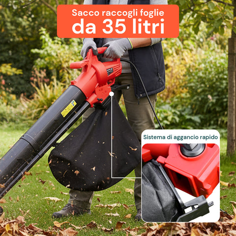 Aspirafoglie Elettrico 3 in 1 – Aspiratore, Soffiatore e Trituratore 3500W