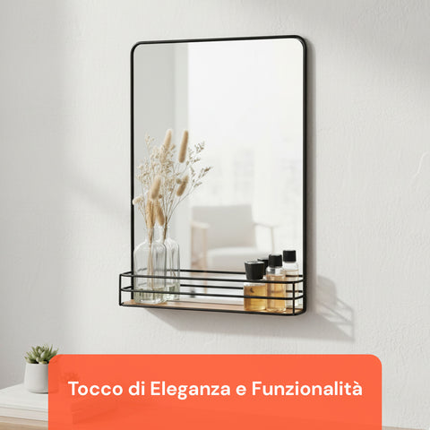Specchio con Mensola in Legno 40x30 cm – Design Moderno da Parete