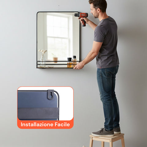 Specchio con Mensola in Legno 40x30 cm – Design Moderno da Parete