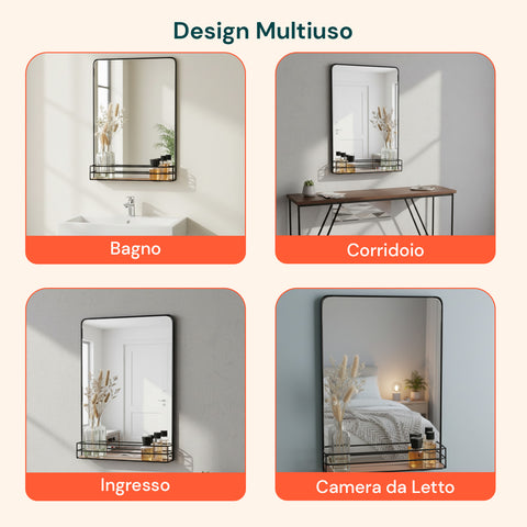 Specchio con Mensola in Legno 40x30 cm – Design Moderno da Parete