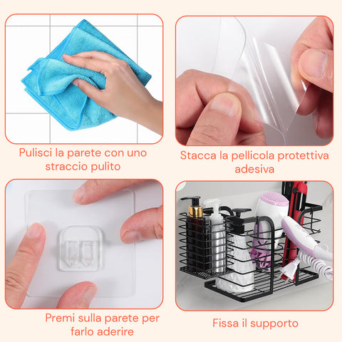 Supporto da Parete per Phon, Piastre e Prodotti Beauty, Senza Trapano
