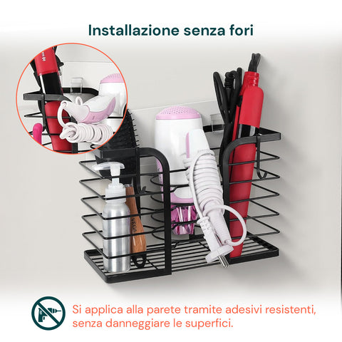 Supporto da Parete per Phon, Piastre e Prodotti Beauty, Senza Trapano