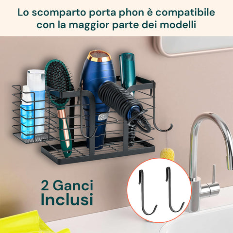 Supporto da Parete per Phon, Piastre e Prodotti Beauty, Senza Trapano