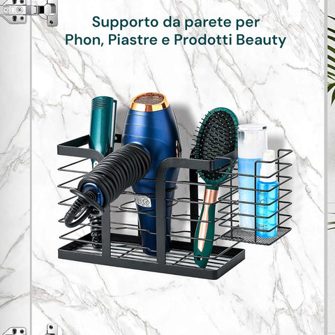Supporto da Parete per Phon, Piastre e Prodotti Beauty, Senza Trapano