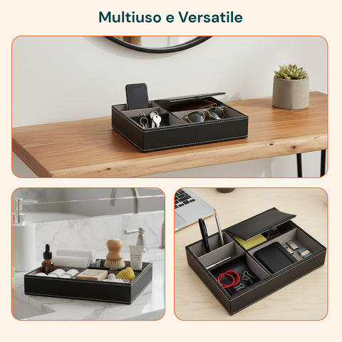Vassoio Organizer da Ingresso – 5 Scomparti in Similpelle con Coperchio
