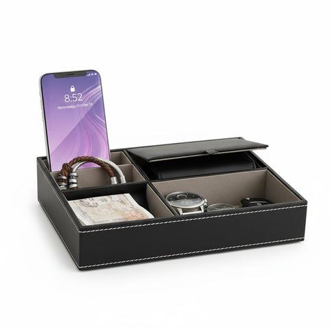 Vassoio Organizer da Ingresso – 5 Scomparti in Similpelle con Coperchio