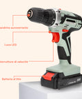 Trapano con mandrino autoserrante 10mm, luce LED integrata, interruttore di velocità e batteria al litio 20V